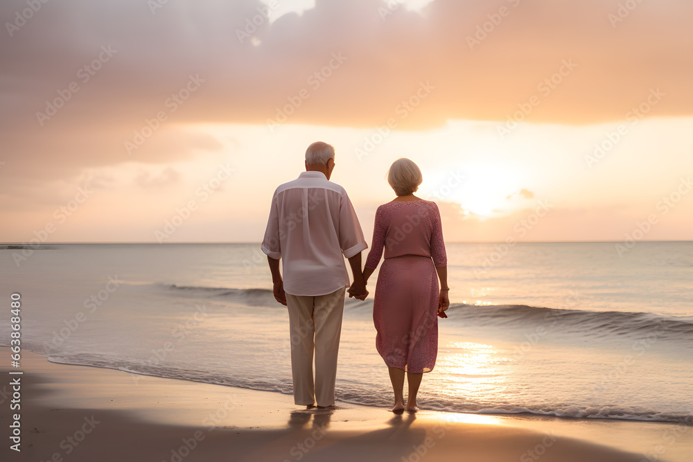 Senior couple enjoying happy romantic date at the beach