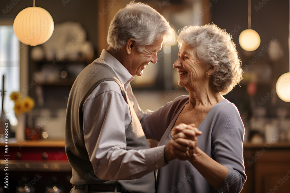 Happy Senior couple dance together at home
