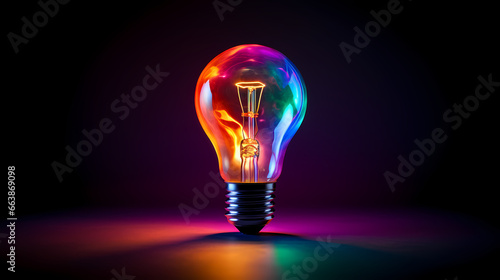 a glowing light bulb in neon color, black background