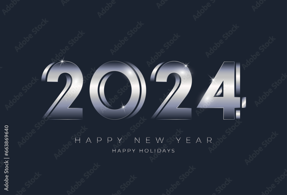 Silver 2024 New Year numbers typography greeting card a dark background. Silver 2024 New Year numbers typography greeting card a dark background.