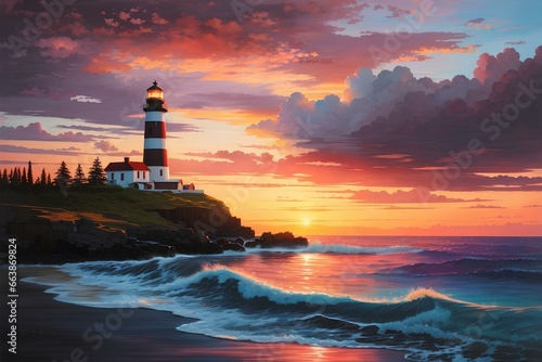 lighthouse silhouetted against the vibrant colors of a sunset, created by ai generated