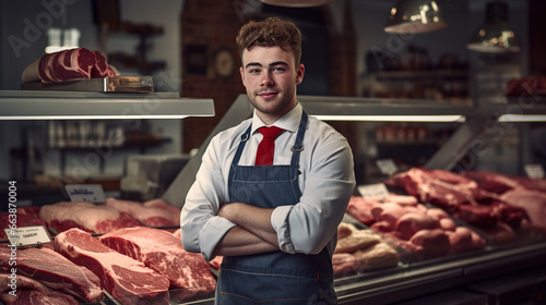 Young smiling man butcher standing at the meat counter.