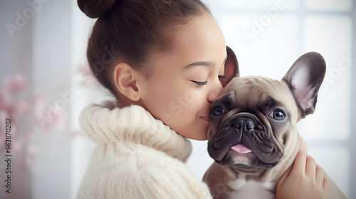 Smiling African American child with her adorable dog. Six year old girl hugs her pet puppy, cute French bulldog breed. Communication with animals concept. Blurred home interior on background photo