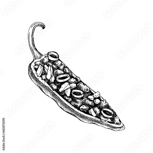 Stuffed jalapeno chili pepper sketches. Hot spices, vegetarian, healthy food hand drawn vector illustration. Mexican cuisine menu design elements. Mexican restaurant food dishes.