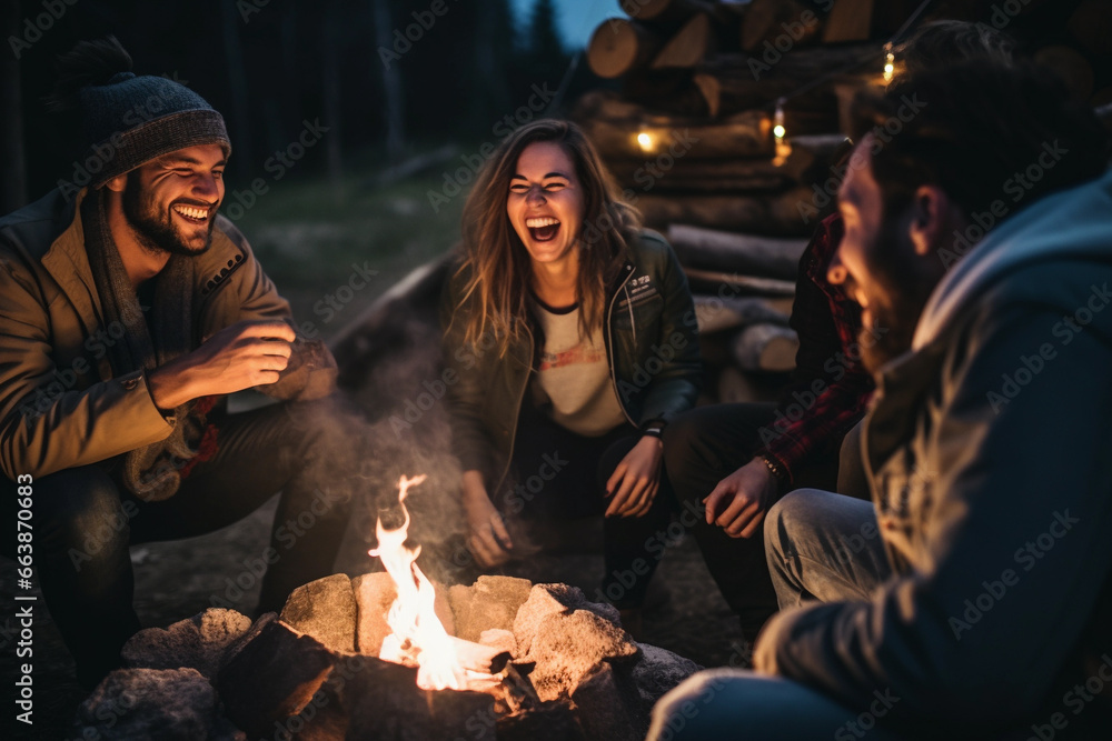 Friends laughing together around a bonfire, sharing stories and joy.
