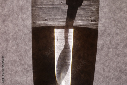 Un vaso de vidrio transparente con una cuchara de metal sumergida en el agua azucarada para mezclar preparaciones de bebidas, forma un diseño abstracto original  
 photo