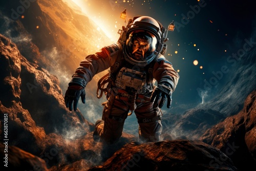 Witness an astronaut on precipice of the unknown, as they step onto the uncharted surface of an extraterrestrial planet.