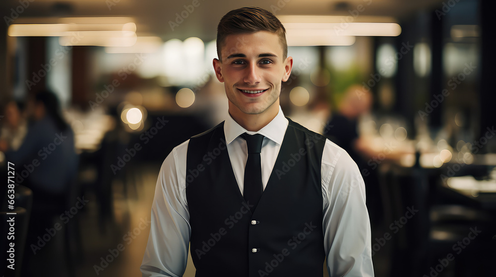 Fototapeta premium Young attractive male waiter in uniform on background of cafe or restaurant. Vacant waiter position, invitation to work. 
