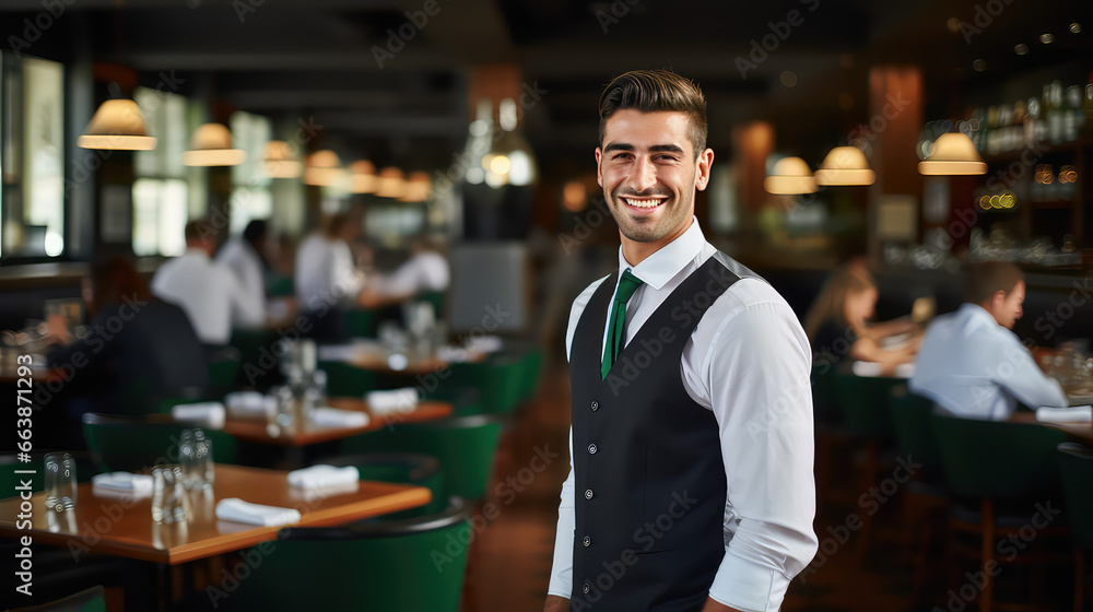 Young attractive male waiter in uniform on background of cafe or restaurant. Vacant waiter position, invitation to work. 