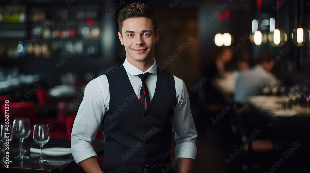Young attractive male waiter in uniform on background of cafe or restaurant. Vacant waiter position, invitation to work. Young attractive male waiter in uniform on background of cafe or restaurant. Vacant waiter position, invitation to work.