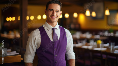 Young attractive male waiter in uniform on background of cafe or restaurant. Vacant waiter position  invitation to work. 