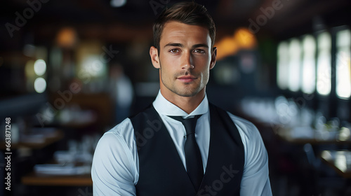 Young attractive male waiter in uniform on background of cafe or restaurant. Vacant waiter position, invitation to work. 