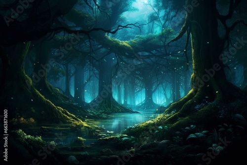 Illustration of a mystical forest immersed in darkness, with a touch of fantasy. Generative AI