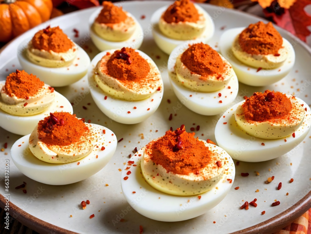A Plate Of Deviled Eggs With Chili Spies