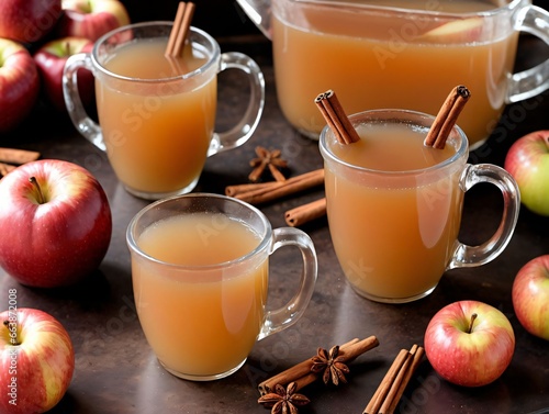 A Pitcher Of Apple Cid With Cinnamon Sticks And Apples