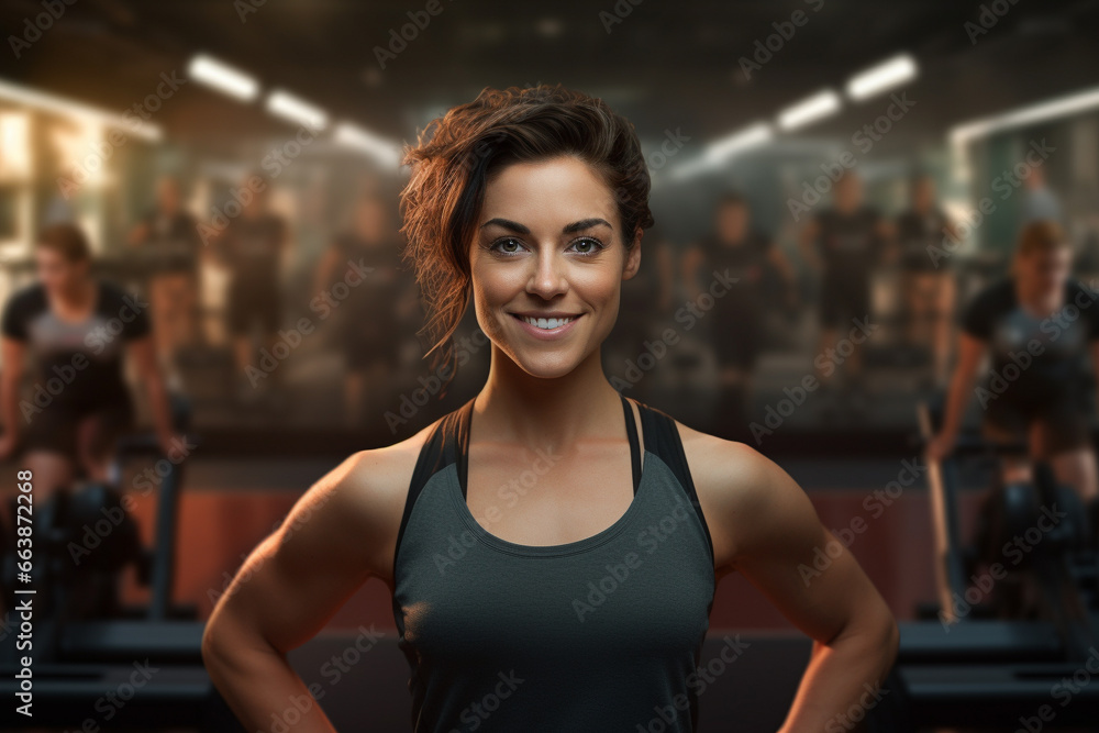 potret of female personal trainer at a gym. generative ai.