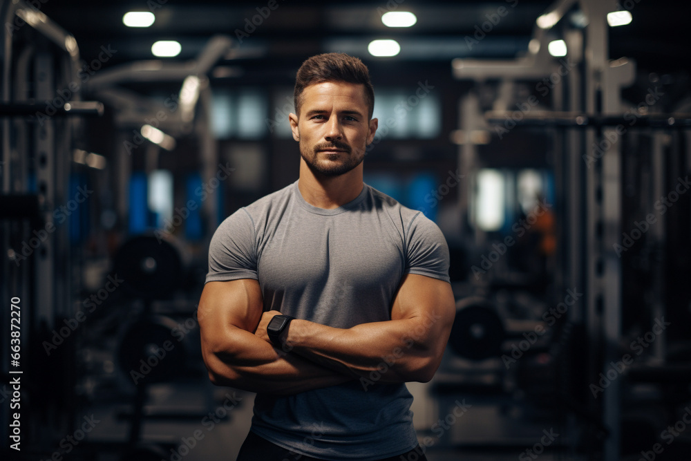 portrait of muscular man at the gym. personal trainer concept. generative ai. portrait of muscular man at the gym. personal trainer concept. generative ai.