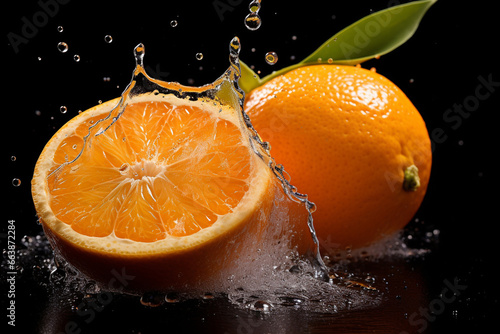 wet and juicy orange water drops splashing isolated on contrast black background. generative ai.