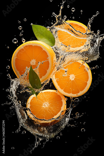 wet and juicy orange water drops splashing isolated on contrast black background. generative ai.