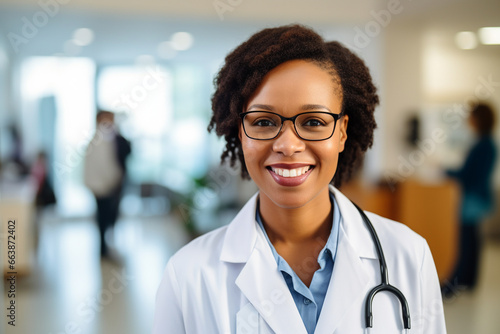 Portrait of African American female doctor in uniform and stethoscope. Blurry hospital scenery on background. Generative ai.