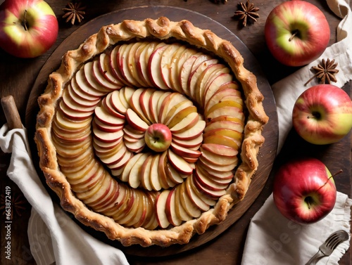 A Pie With Apples And Cinnamons On A Table