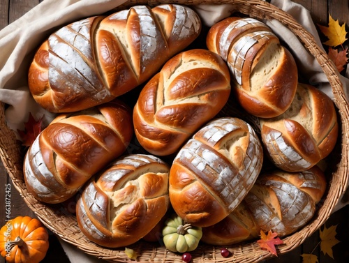 A Basket Of Breads With A Pumpkin In The Background