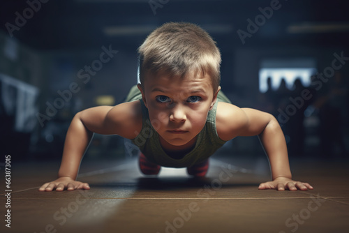 Little boy doing push up exercise at gym.