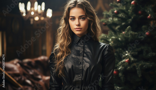 Portrait of young sexy woman in leather blouse, dress ready to celebrate Christmas night, corporate party on background of xmas pine