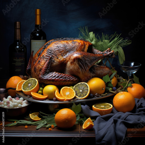 Thanksgiving celebration with roast turkey or chicken close-up baked on the table decorated with fruits and sauces 