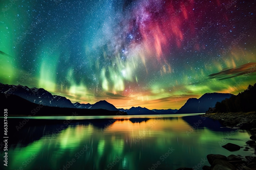 Pictures of the aura of the northern lights, mountain views and lakes.