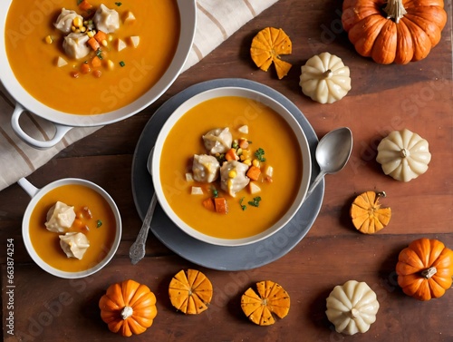 Two Bowls Of Soup With Pumpkins And A Spoon