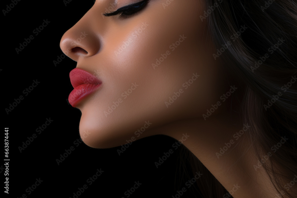 Side view of cropped beautiful woman's face with perfect skin and makeup isolated on black background.