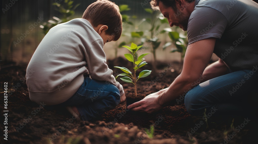 Father and son planting young sprout together, teaching importance of green, sustainable future and the role of trees in ecological balance. Nature conservation and sustainability for next generation. - obrazy, fototapety, plakaty 