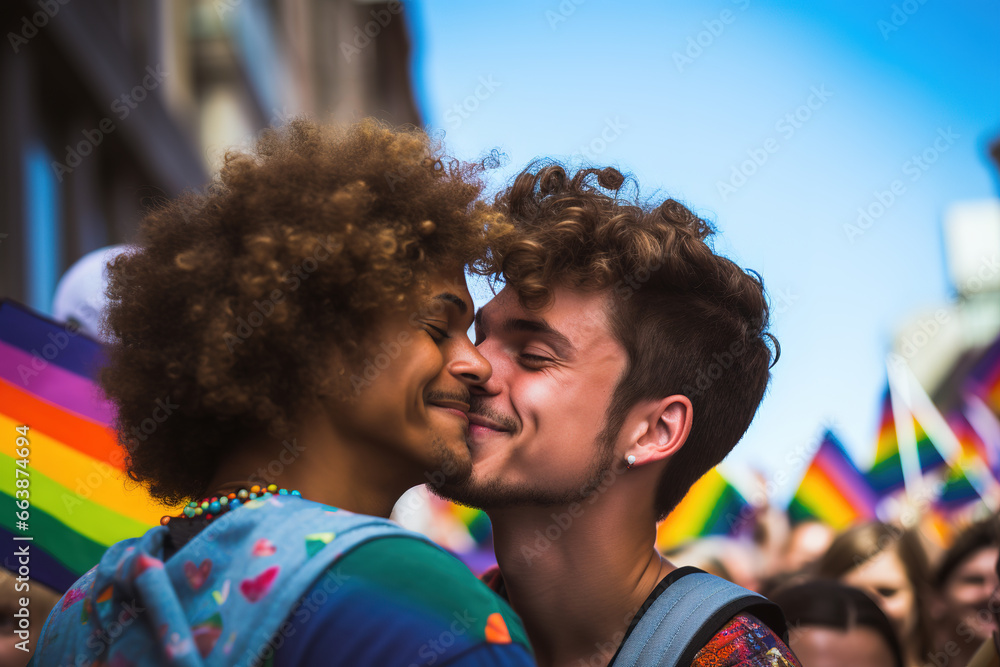 Diverse Mix Raced Young Gay Couple Kissing In Public During LGBT Pride diverse-mix-raced-young-gay-couple-kissing-in-public-during-lgbt-pride