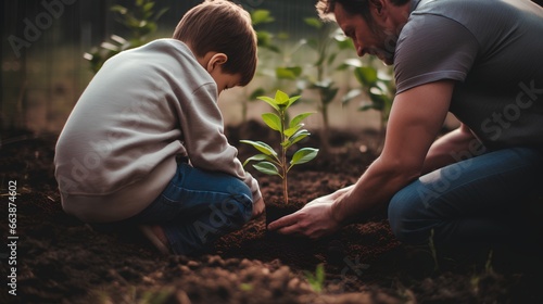 Father and son planting young sprout together, teaching importance of green, sustainable future and the role of trees in ecological balance. Nature conservation and sustainability for next generation.