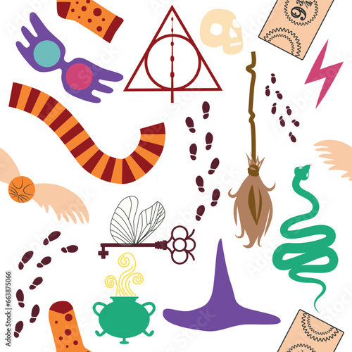 Magic items seamless pattern in flat style. School of Magic. Pumpkin, key, magic ball, feather, spider, purple hat, broom, skull, snake