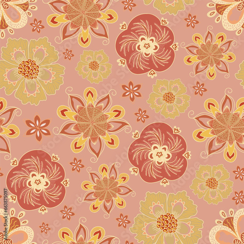Wallpaper Mural Floral seamless pattern in orange and pink in lace design, romantic floral motifs Torontodigital.ca