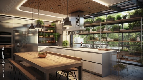 Conceptualize a future kitchen design that prioritizes energy efficiency and sustainable cooking practices, reducing environmental impact