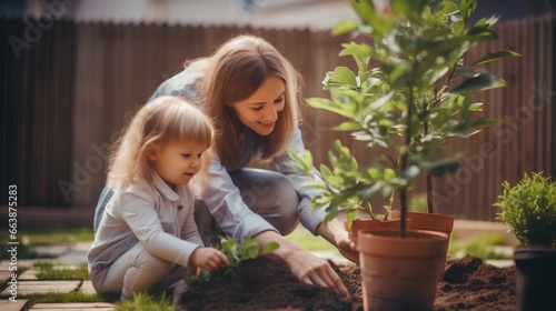 Mother and daughter planting young sprout in garden together  teaching of green  sustainable future and role of trees in ecological balance. Nature conservation and sustainability for next generation.