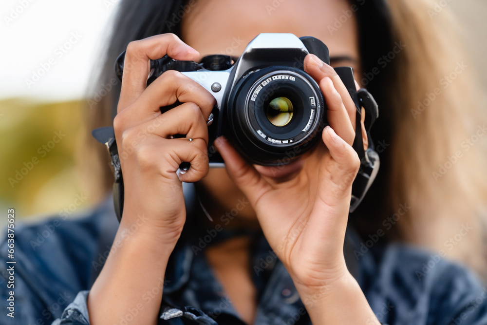 young girl photographer takes pictures of her daytime city. AI GENERATE young girl photographer takes pictures of her daytime city. AI GENERATE