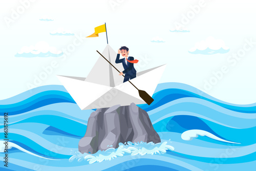 Hopeless businessman stuck on shipwrecked on high rock cliff, life or business stuck, struggle with problem, obstacle, error, mistake or failure cause hopeless situation, business difficulty (Vector)