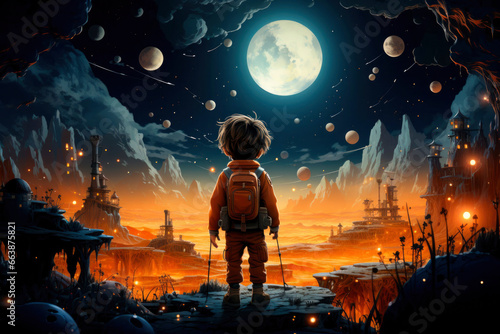 A child astronaut's voyage through cosmos unfolds in this vibrant illustration