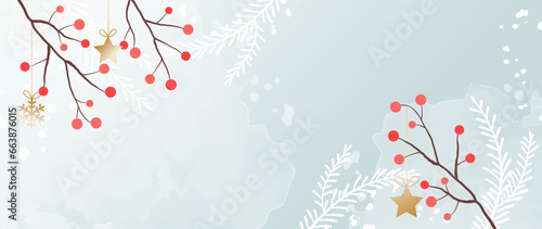 Luxurious winter art vector illustration. Hand painted watercolor decorative berry, leaves, gold star, gold line. Design for print, decoration, poster, wallpaper, banner.