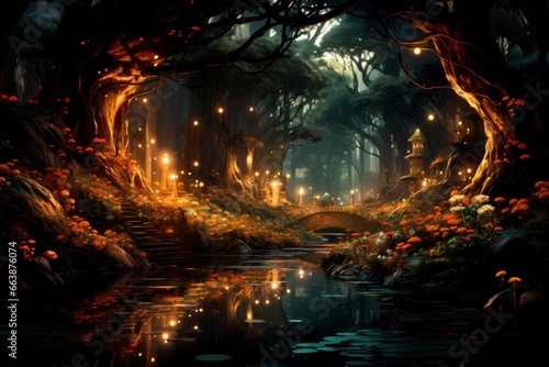 Amidst a fantasy realm, this night forest cradles magic in its green heart, igniting the serene darkness photo