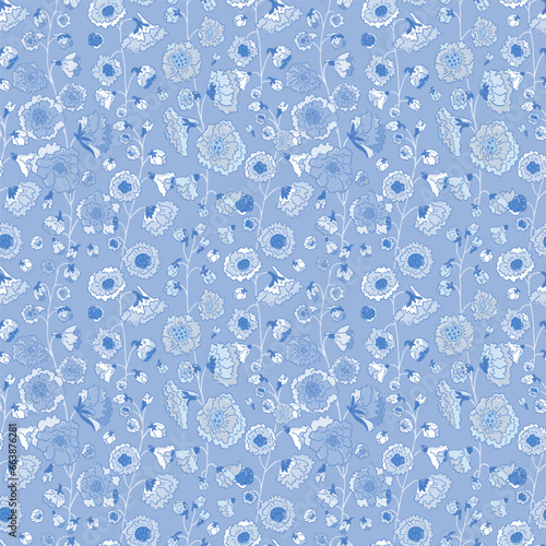Blue Delphinium floral pattern in monochromatic colour scheme.