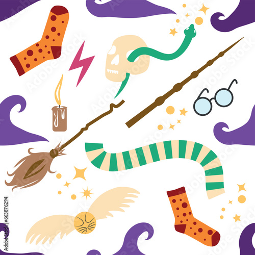 Witches school of magical objects seamless pattern in flat style