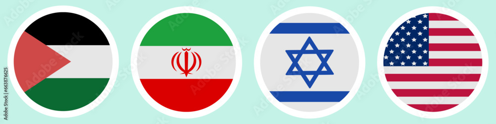 Flags of different countries. A set of stickers on a white background. Collection of vector icons. Isolated background. Palestine, Iran, Israel, USA. National symbol of the state. Political topics. 