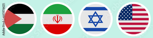 Flags of different countries. A set of stickers on a white background. Collection of vector icons. Isolated background. Palestine, Iran, Israel, USA. National symbol of the state. Political topics. 
