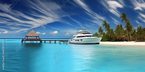 a tourist ship is transiting on the beach, the background is very bright sky blue.