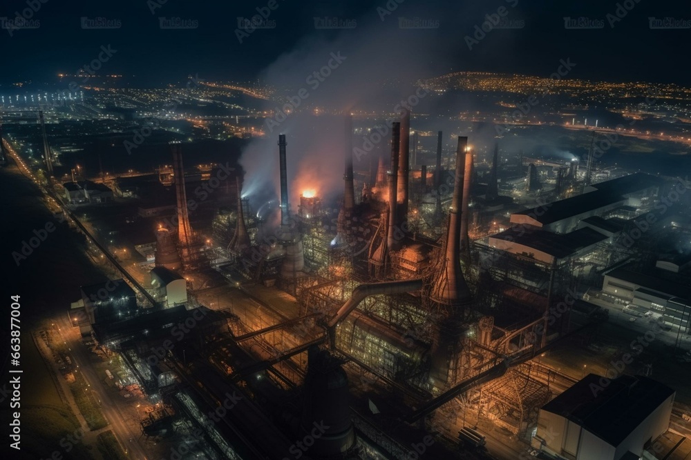 A night aerial view of a steel production plant in Duisburg with an industrial blast furnace in the foreground. Generative AI